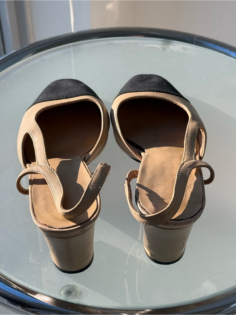 CHANEL Beige and Black Two-Tone Slingback Heels - Picture 7 of 12